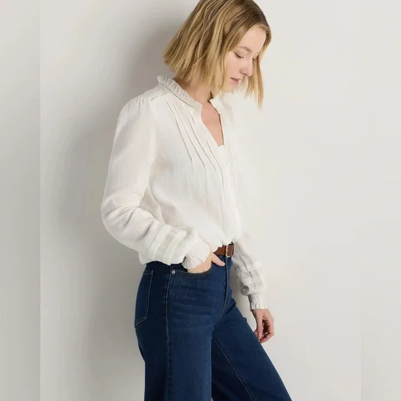 Quince White Organic Textured Cotton Peasant Blouse - Picture 2 of 13